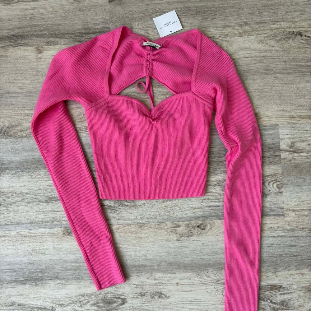 AE Cropped Ruched Sweater NWT - Pink - Size M - Picture 5 of 5